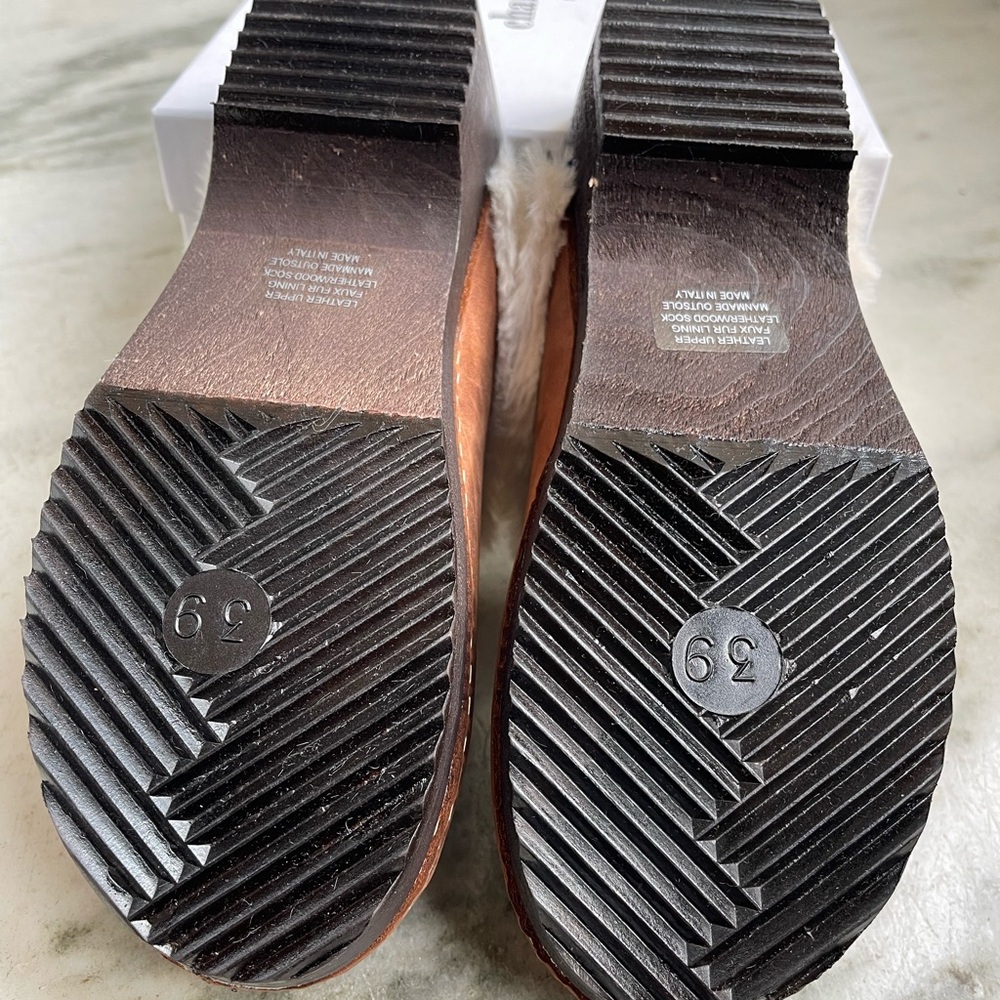 Charles David Brown Mules with Cream Fur Trim - Picture 3 of 5